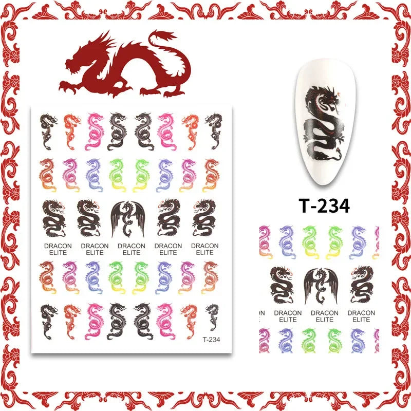 3D Chinese Red Black Dragon Manicure Decor Stickers Snake Nail Sticker DIY Self Adhesive Nail Decals Acrylic Nail Art Decoration