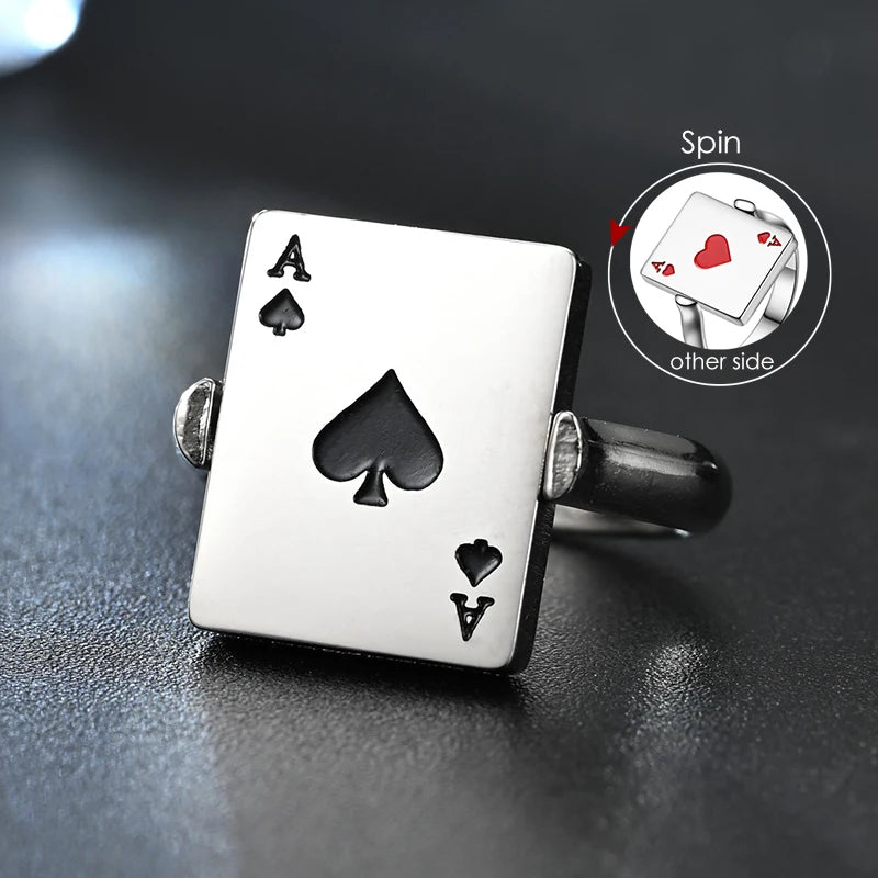 Hiphop Titanium Steel Ring For Men Women Reversible Poker Ace Of Spades Oil Drop Ring Jewelry Double-sided Spinner Finger Ring