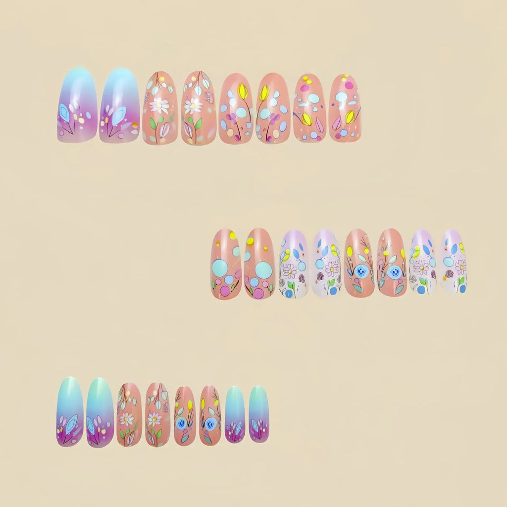 24Pcs Almond Head Press on Nails Fashionable Nail Art Colorful Gradient Flowers False Nails Dreamy Summer Nails Fun Fake Nail