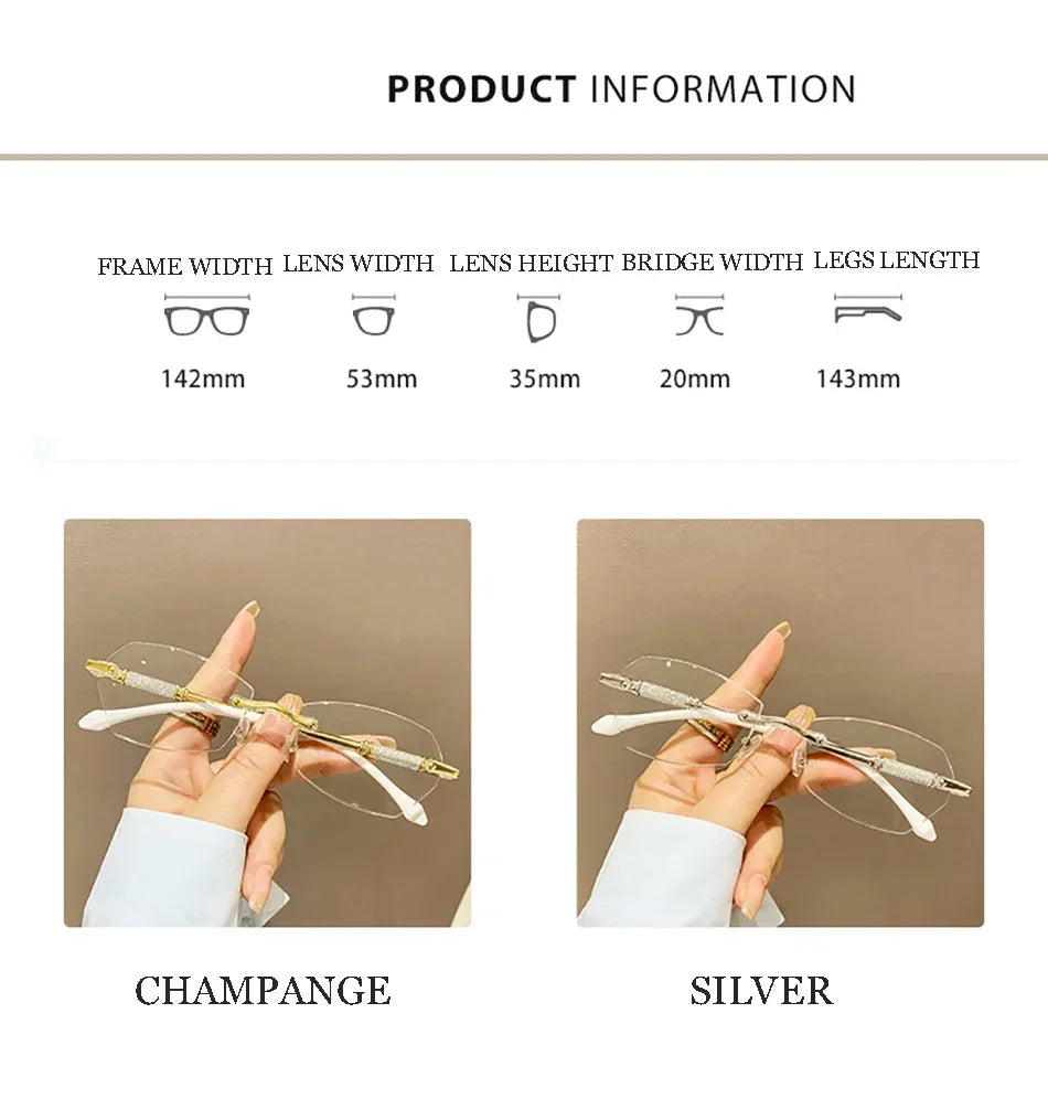 New Rimless Diamond Cutting Presbyopic Glasses Ladies Anti Blue Light Ultra Light Reading Glasses +1.0+1.5+2.0+2.5+3.0+3.5+4.0