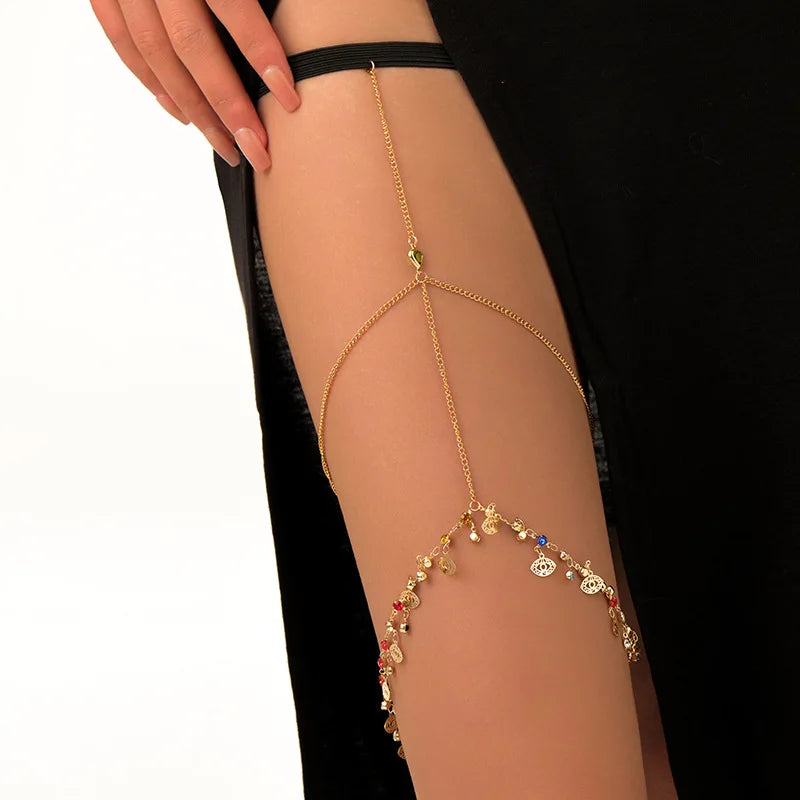 Fashion Summer Bohemian Thigh Chain Simple Sexy Body Chains for Women Double-layer Metal Leg Chain Festival Jewelry Accesorios