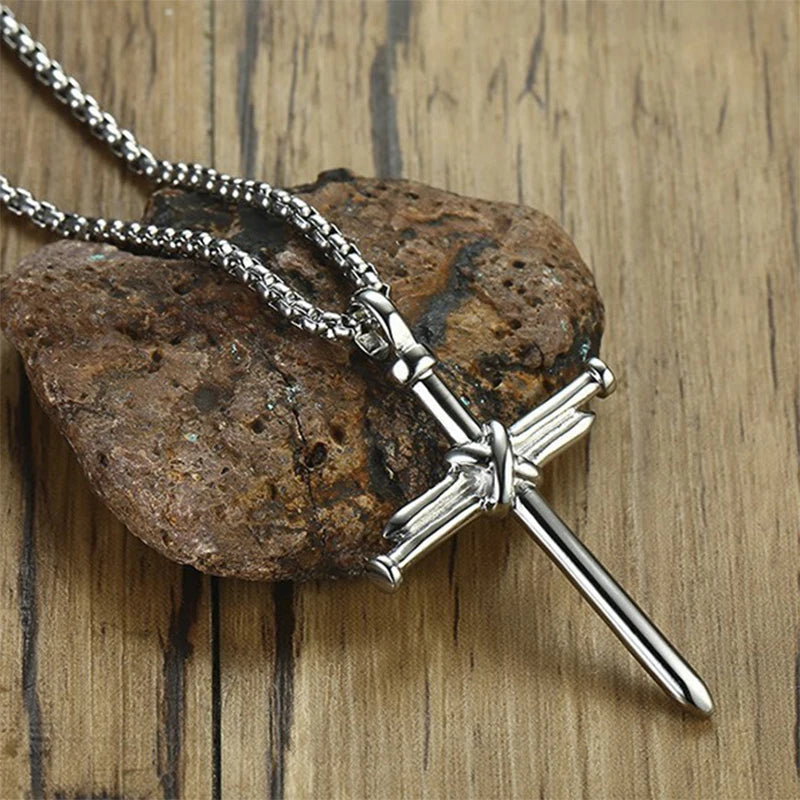 Nail Cross Pendant Necklace For Men Hip Hop Punk Style Silver Color Stainless Steel Chain Christian Church Baptism Party Jewelry