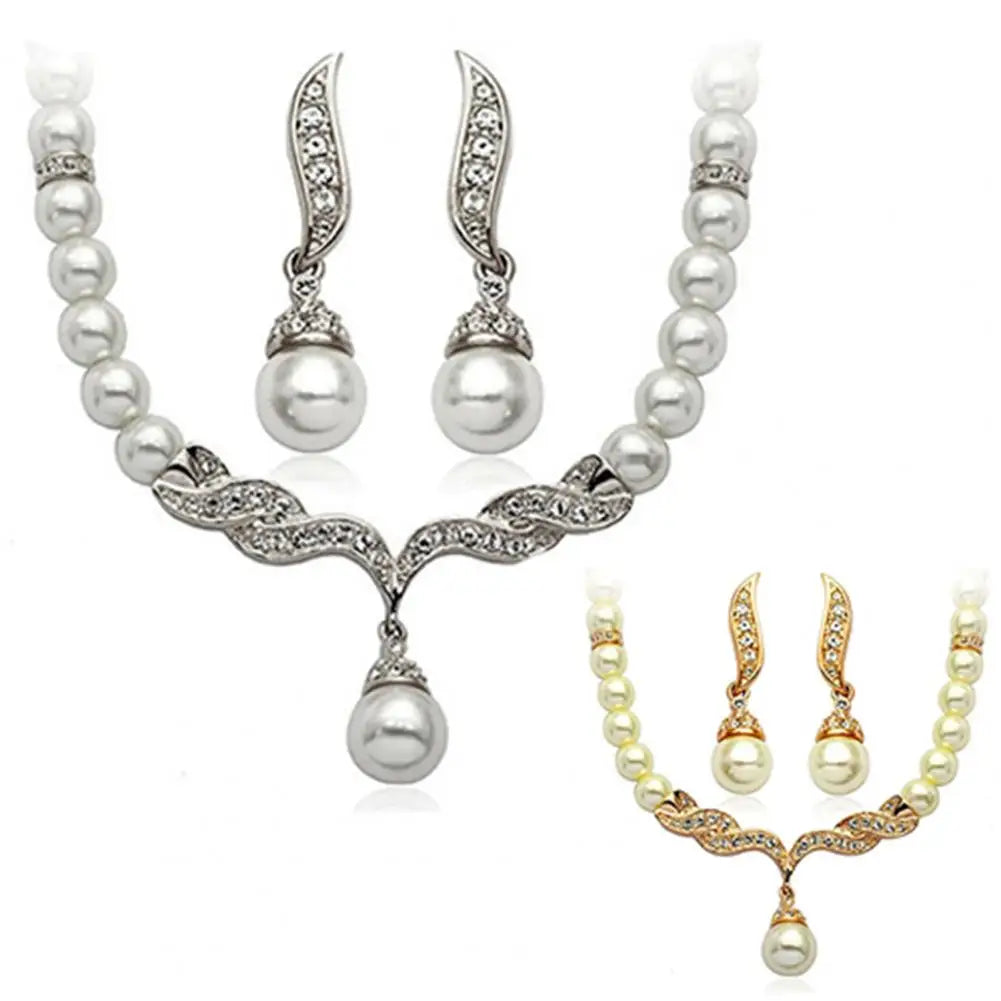 Necklace Earrings Women Jewelry Set Faux Pearl Bridal Wedding Alloy Party Studs Necklace Earrings Set Gifts
