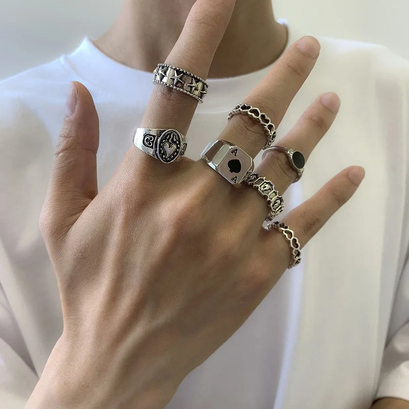 6Pcs/Set Vintage Silver Color Skeleton Skull Rings Set For Men Women Punk Gothic Metal Geometric Knuckle Ring Jewelry Anillos