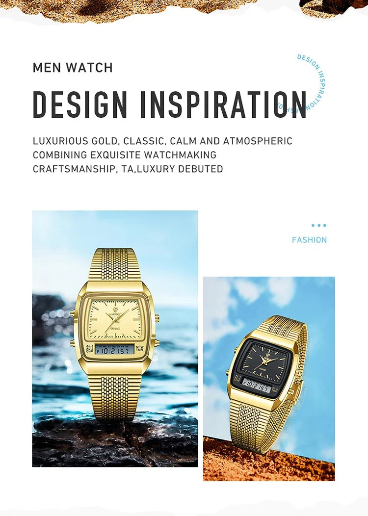 New Golden Steel Strap Quartz Sport Watch Mens Dual Time Week Display Digital Wristwatches Waterproof Clock Reloj Hombre