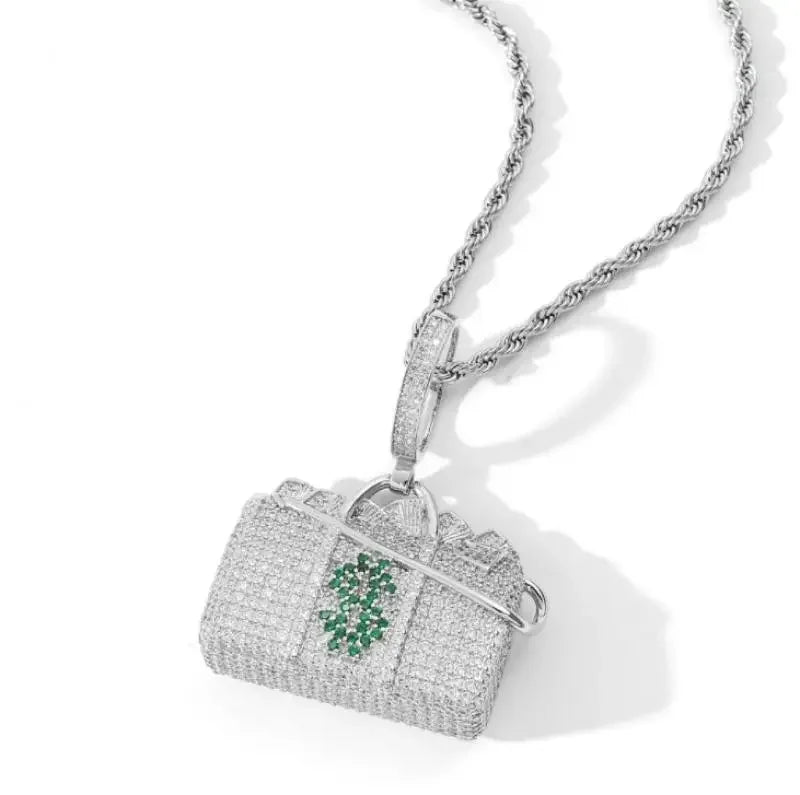 Hip Hop Ice Out Angel Wings Money Bag Pendant Necklace Suitable for Men\\\\\\\'s Fashion Personalized Rock Rap Jewelry Gift