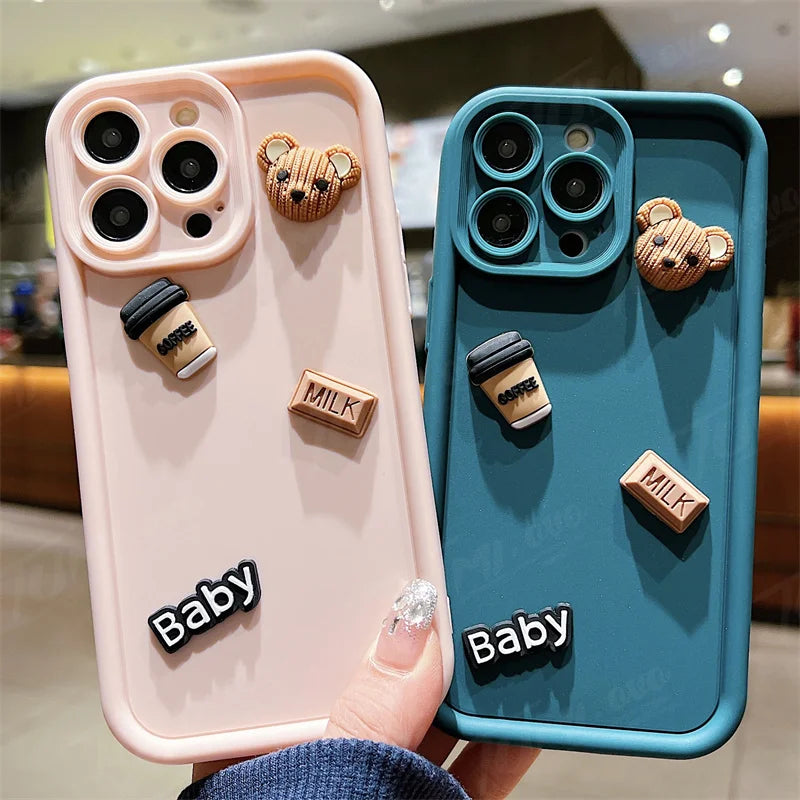 Coffee Bear Shockproof Soft Phone Case For iPhone 15 14 13 12 11 Pro Max X XR 7 8 Plus Candy Liquid Silicone Bumper Back Cover
