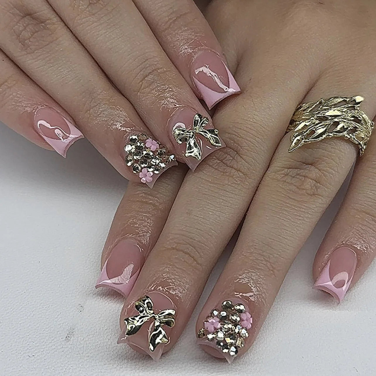 24pcs French Fake Nails with Glue Animal Print False Nails Short Square Press on Nails Diamond Cross Nail Press Ons Sweet Cool