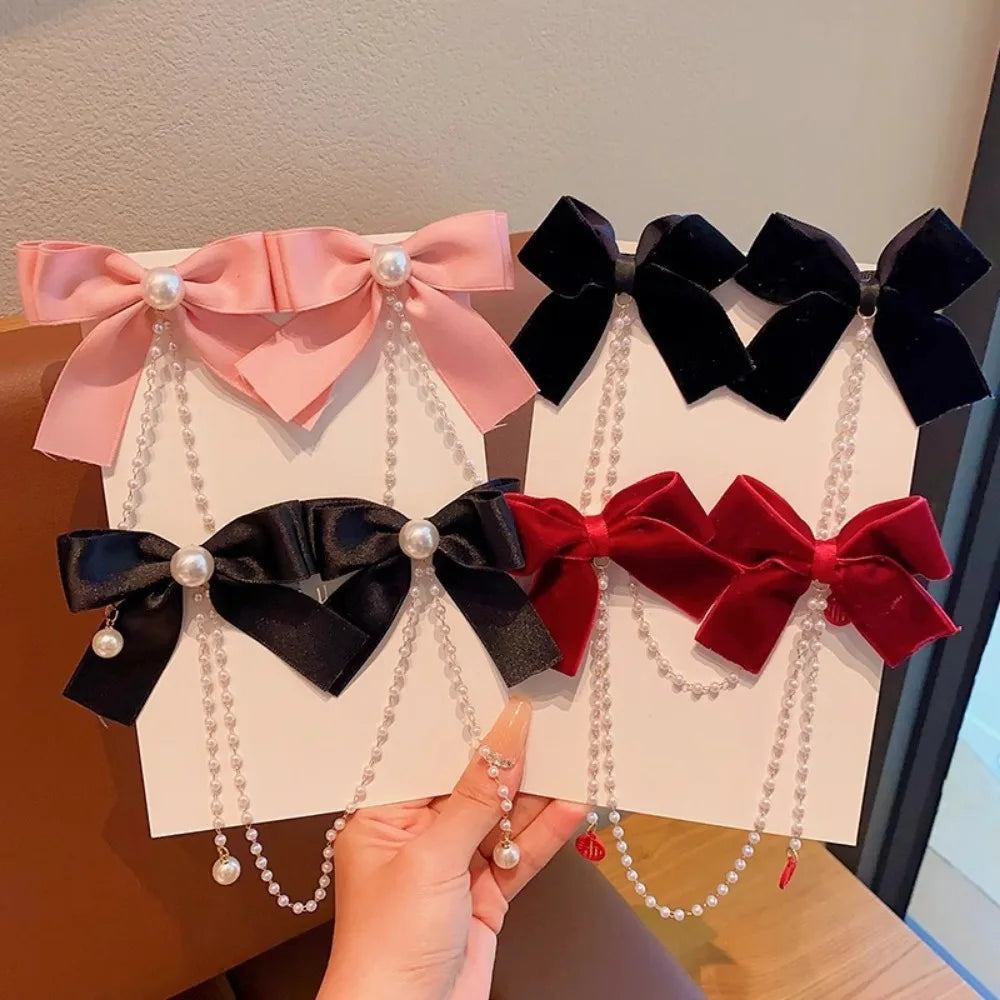 Sweet Princess Style Pink Pearls Chain Bow Hair Clip Women Children's Cute Back Head Hairpins Hair Clips Girls Hair Accessories