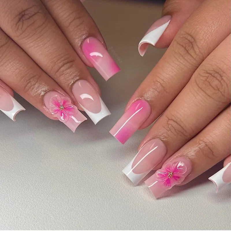 24Pcs Sweet Medium Square False Nails with Glue Blush Pink Flowers Fake Nails Full Cover French Acrylic Press on Nails for Girls