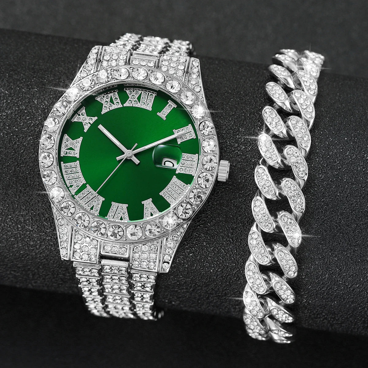2PCS Luxury Rhinestone Men Watches Fashion Stainless Steel Band Male's Analog Quartz Watch Bracelet Set Relogios Masculino