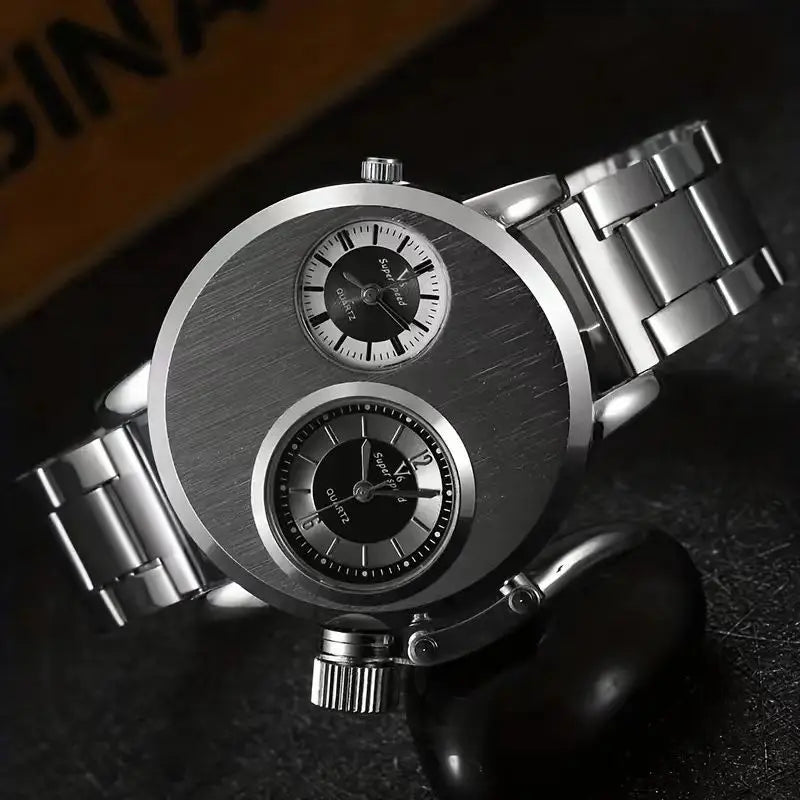 YIKAZE Luxury Quartz Men's Watches Punk Style Dual Dial Business Men Wristwatch Stainless Steel Strap Waterproof Military Watch