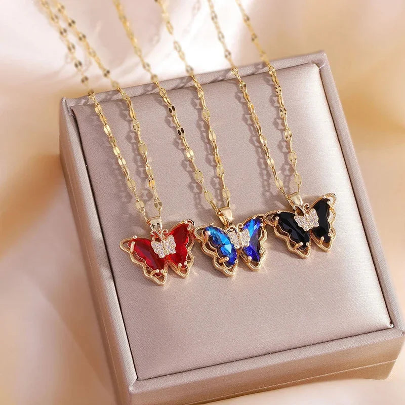 Micro-inlaid Crystal Butterfly Necklace Fashion European American Style Cute Classic Light Luxury Transparent Clavicle Chain