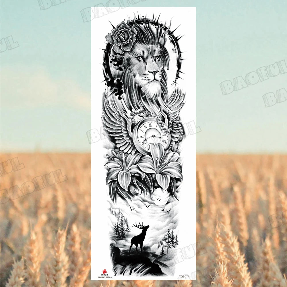 Arm Sleeve Temporary Tattoos For Women Men Realistic Wolf Lion Rosette War Maori Flower Fake Tattoo Stickers Sexy Thigh Tatoos