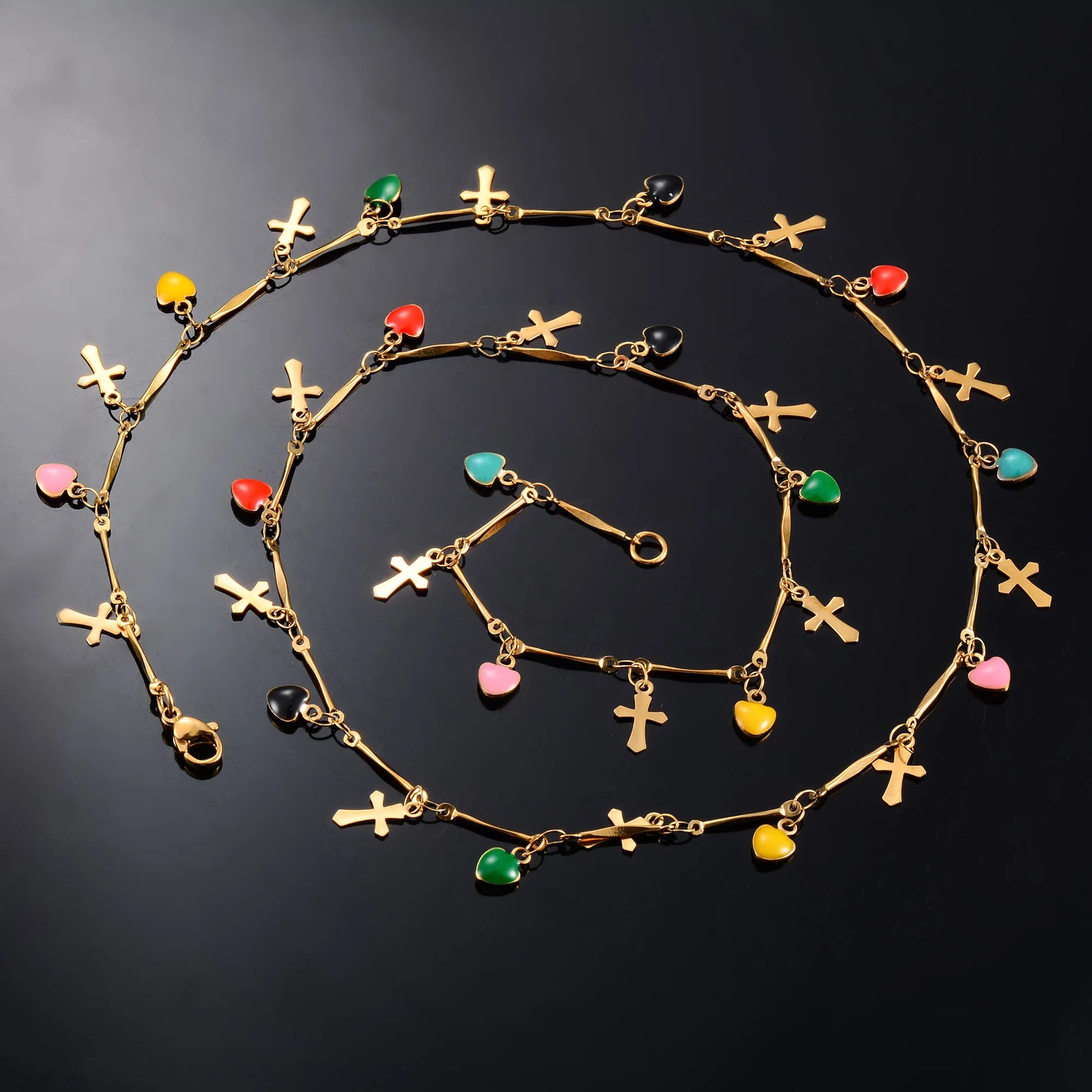 Colorful Heart Cross Stainless Steel Necklace Neck Chain for Women Gold Color Plated Bohemian Choker Metal Boho Jewelry Gift