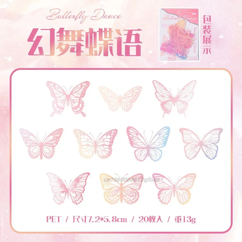 20pcs PET Butterfly Transparent Silver Color Stickers, Holographic Laser Decals for Luggage Laptop Phone Case Mug Decoration