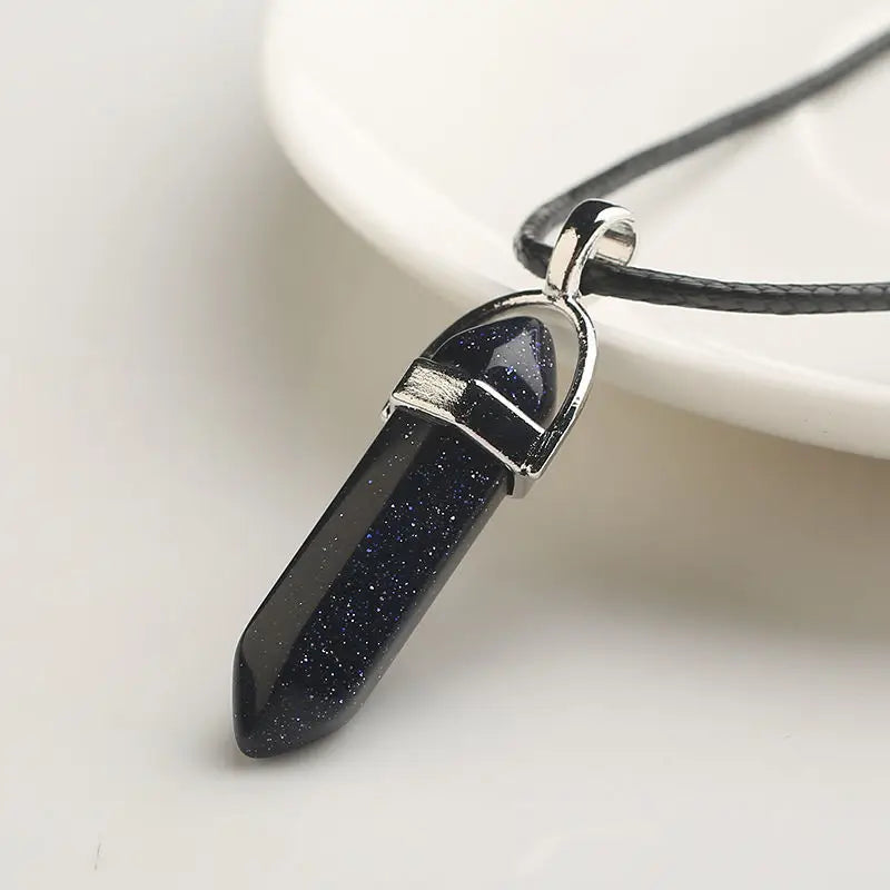 Natural Stone Pendant Necklace Ladies Girls Gift PU Leather Hexagonal Pillar Pointed Jewelry