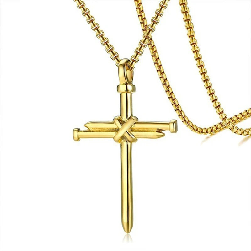 Nail Cross Pendant Necklace For Men Hip Hop Punk Style Silver Color Stainless Steel Chain Christian Church Baptism Party Jewelry