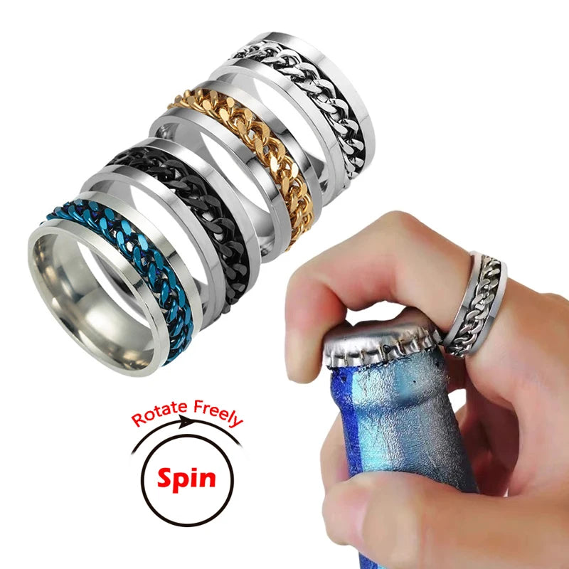 Titanium Steel Rotatable Chain Rings for Men Women Spinner Ring Anti Stress Multifunctional Rings Bottle Opener Ring Club Gift