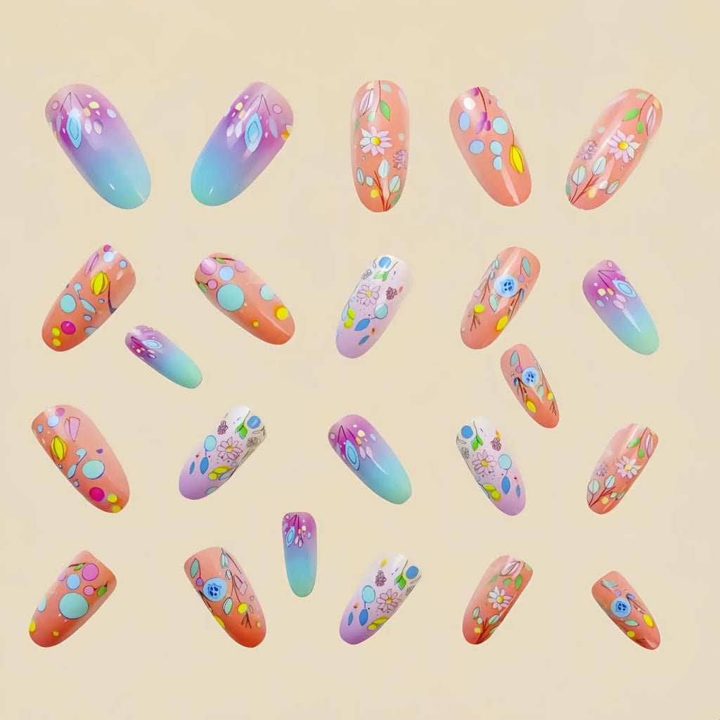 24Pcs Almond Head Press on Nails Fashionable Nail Art Colorful Gradient Flowers False Nails Dreamy Summer Nails Fun Fake Nail