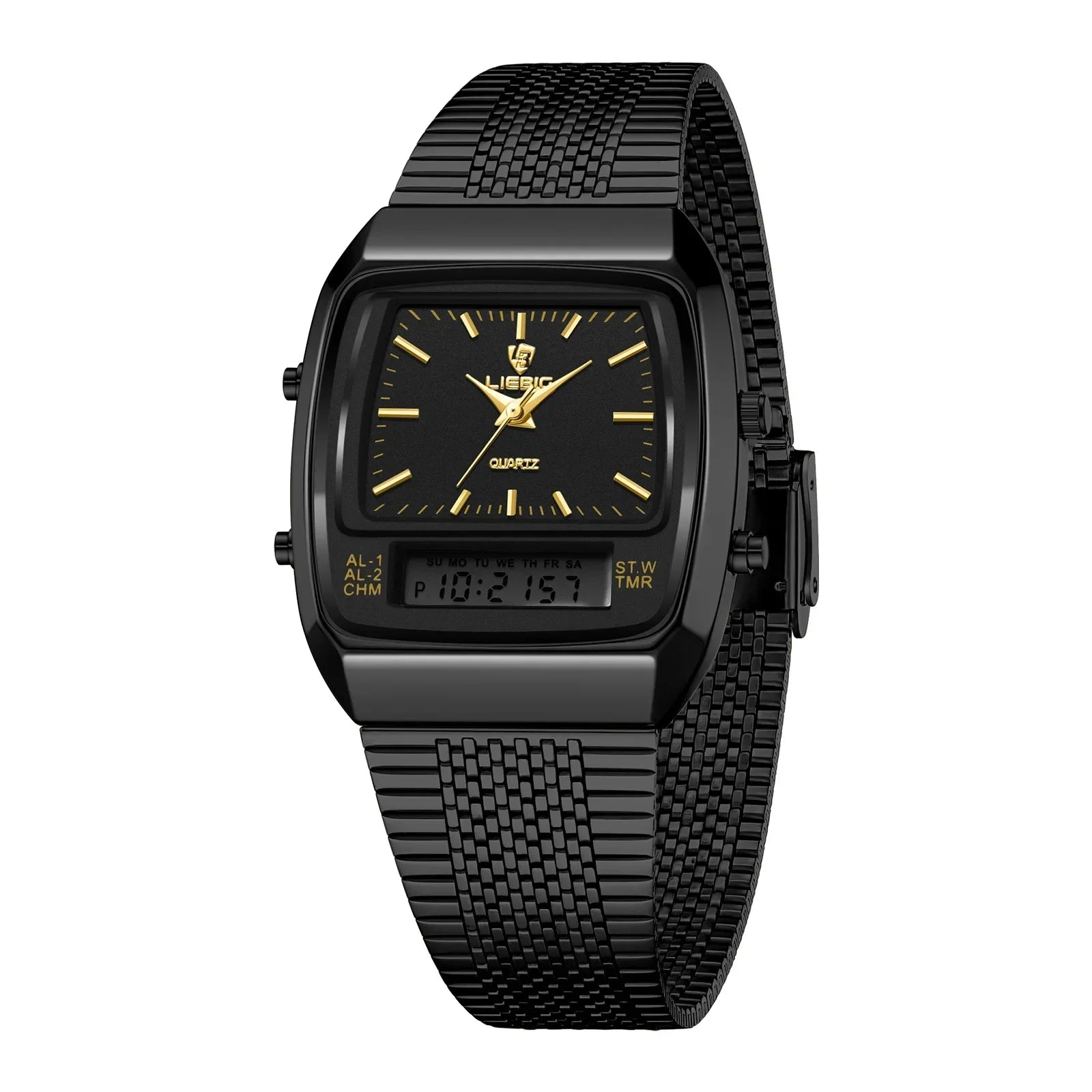 New Golden Steel Strap Quartz Sport Watch Mens Dual Time Week Display Digital Wristwatches Waterproof Clock Reloj Hombre
