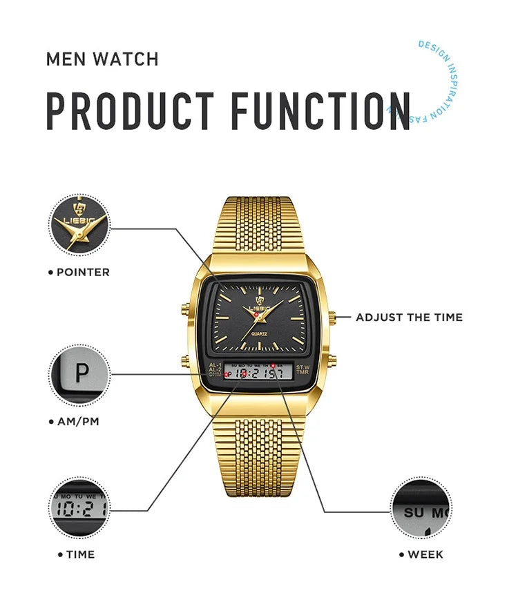New Golden Steel Strap Quartz Sport Watch Mens Dual Time Week Display Digital Wristwatches Waterproof Clock Reloj Hombre