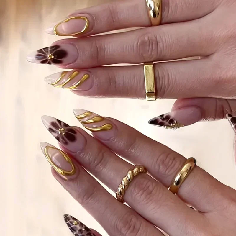 24Pcs Sweet Spice Girl Almond Press on Fake Nails Sun Star Eye False Nails Full Cover Gold Chrome Powder Artificial Nail Art Tip
