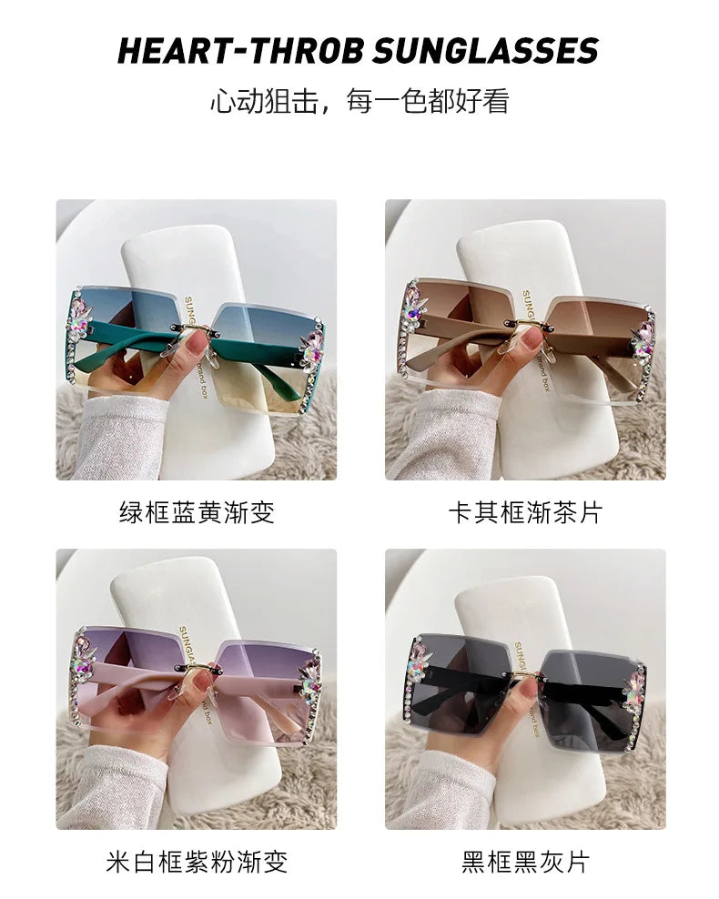 Fashion Oversized Square Sunglasses Women Luxury Brand Vintage Rimless Sun Glasses Diamond Decoration Eyeglasses UV400 Gafas