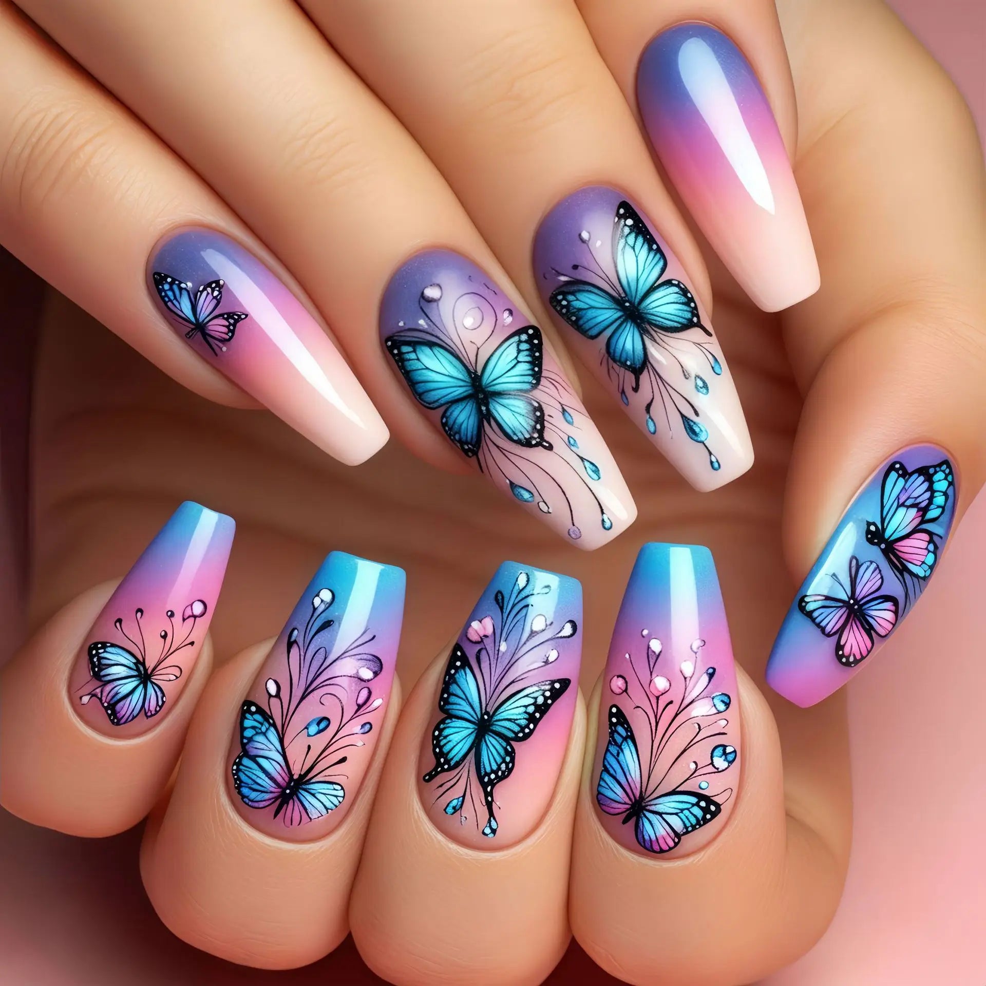 24Pcs Sweet Cool Coffin Fake Nails Butterfly Flower Acrylic Nail Glitter Glossy False Nail Full Cover Autumn Press on Nails Tips