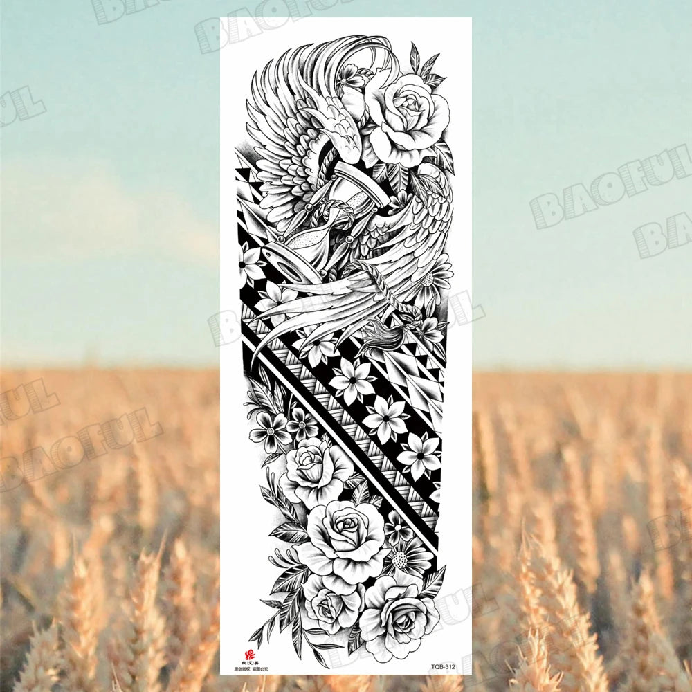 Arm Sleeve Temporary Tattoos For Women Men Realistic Wolf Lion Rosette War Maori Flower Fake Tattoo Stickers Sexy Thigh Tatoos