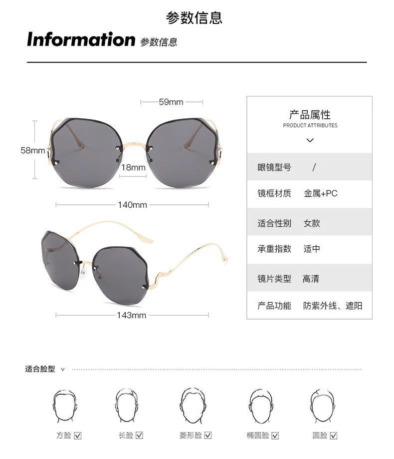 Luxury Round Gradient Sunglasses Women Metal Curved Temples Eyewear Ocean Rimless Fashion Sun Glasses Ladies UV400
