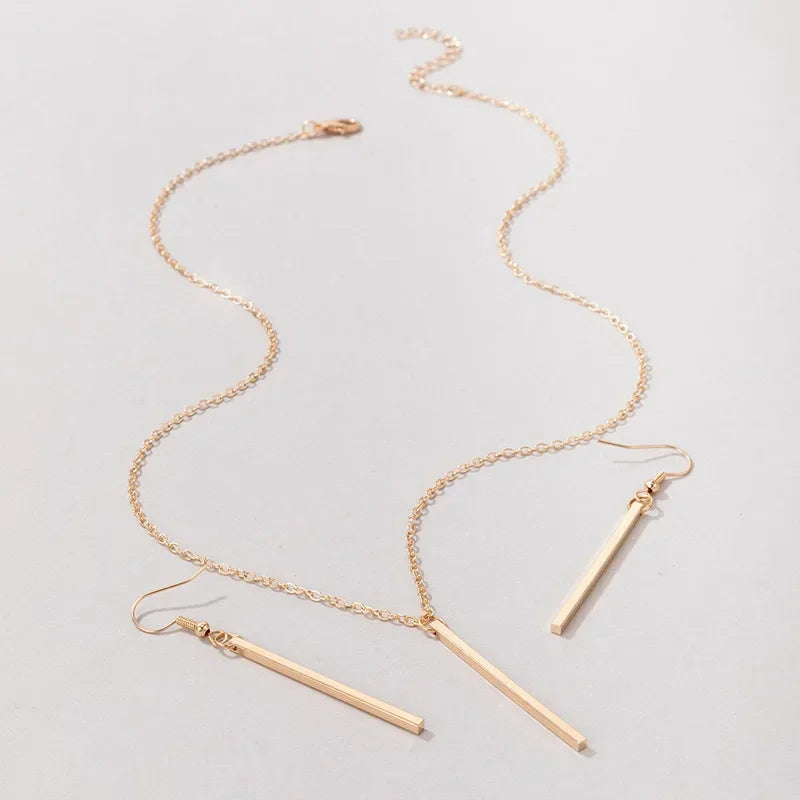Elegant Gold Stick Jewelry Sets for Women Pendant Necklace Drop Earring Simlpe Adjustable Geometry Wedding Jewelry