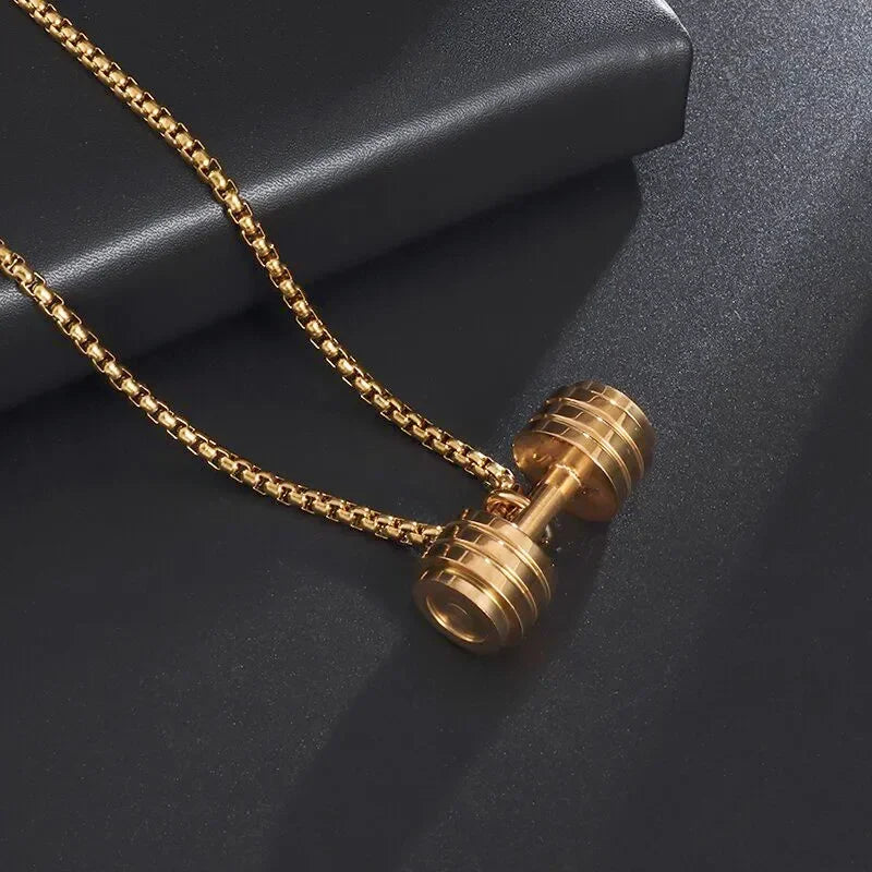 Cool Titanium Steel Dumbbell Pendant Necklace Barbell Fitness Pendant Men and Women Leisure Sports Punk Jewelry