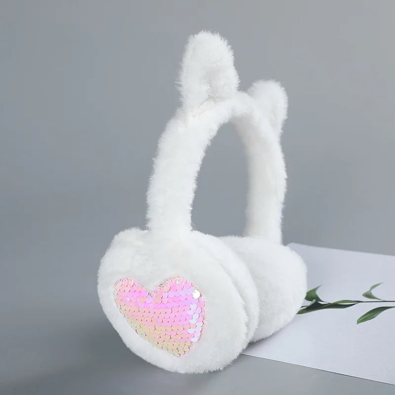 Child Cute Cat Ears Winter Warm Earmuffs Shiny Sequin Ear Soft Plush Earflaps for Kid Outdoor Ear Warmer Outdoor Cold Protection