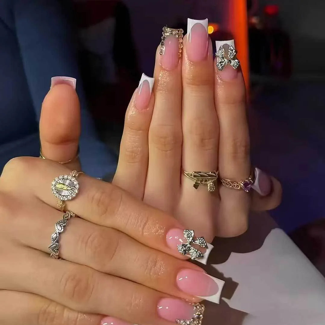 24Pcs Pure White French Press on Nails Long Square Head False Nails with Pearl Pink Bow Design Ballet Wearable Fake Nails