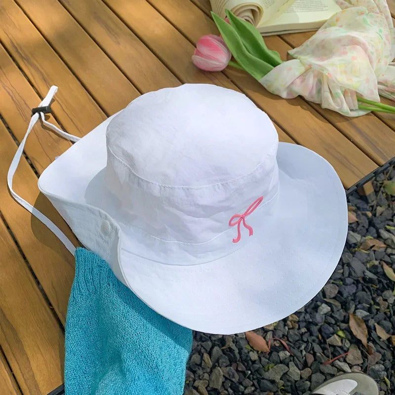 Fashion Bow Embroidery Quick Dry Bucket Hat Summer Hiking Camping Caps Wide Brim Fordable Sunscreen Y2K Hats Girl Women