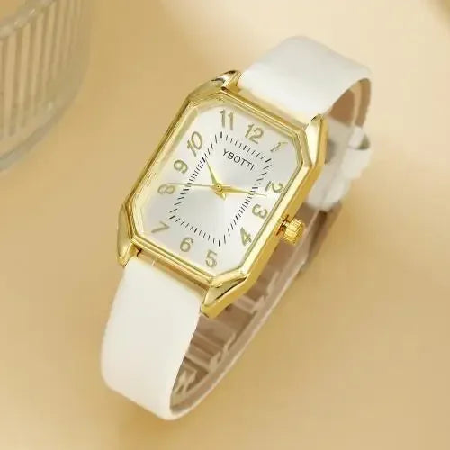 2024 New Leisure Fashion Leather Women's Business Square Quartz Watch Korean Rhinestone Jewelry Set Reloj Mujer Elegante