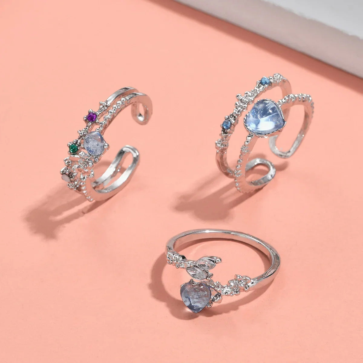 New Y2K Crystal Rings Kpop Heart Adjustable Ring Irregular Geometry Punk Vintage Rings Set for Women Girls 2024 Fashion Jewelry