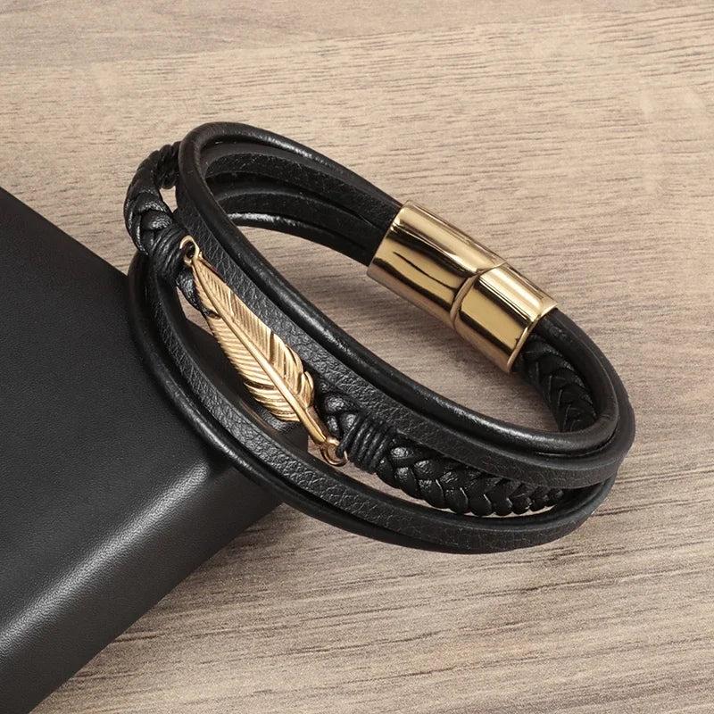 Vintage Hand Woven Eco-Friendly Leather Cross Bracelet with Magnetic Clasp Men\'s Fashion Pendant Religious Amulet Jewelry