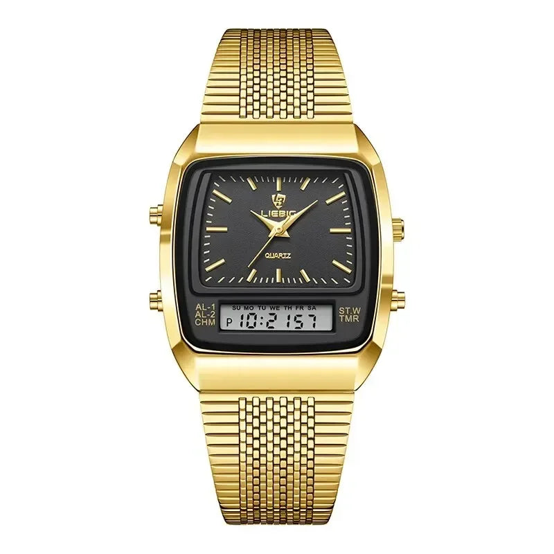 New Golden Steel Strap Quartz Sport Watch Mens Dual Time Week Display Digital Wristwatches Waterproof Clock Reloj Hombre