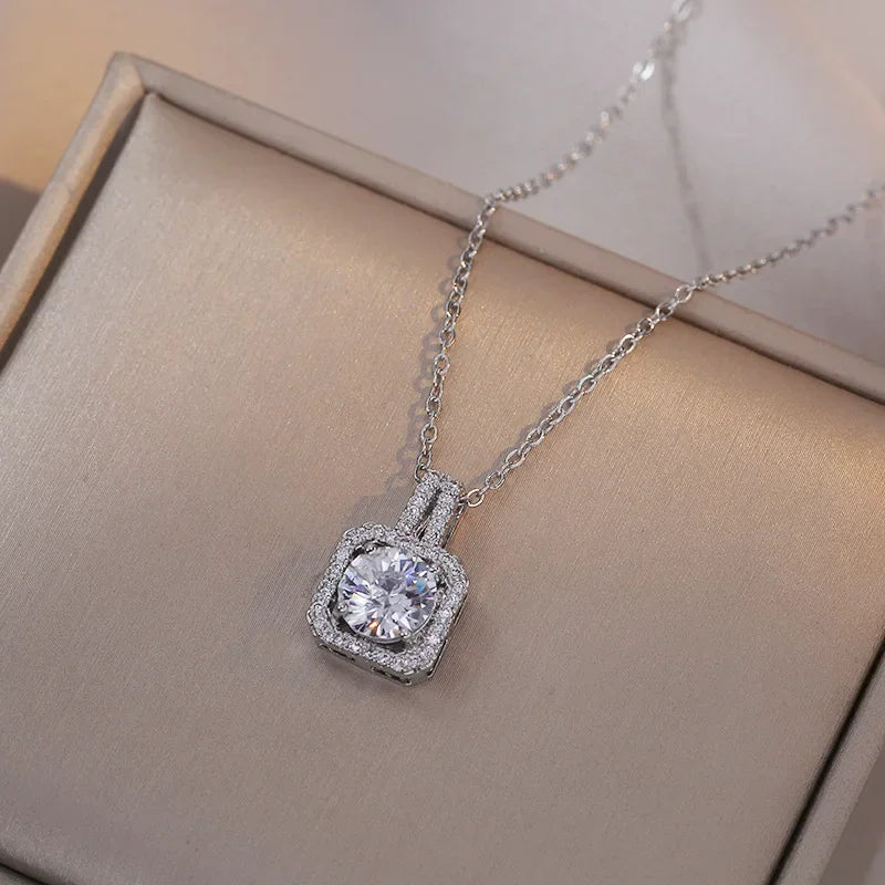 Stainless Steel Chain Classic Shiny Zircon Square Pendant Necklace for Women Lady Vintage Jewelry Accessories Gifts