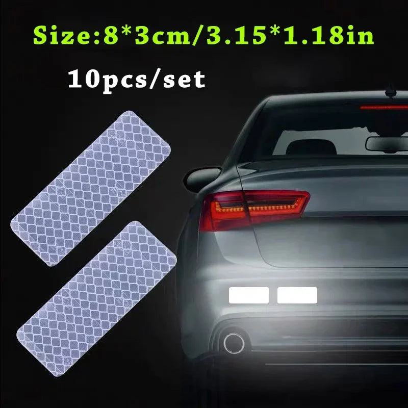 10pcs Car Bumper Reflective Stickers Reflective Warning Strip Tape Secure Reflector Stickers Decals Safety Warning 3*8CM