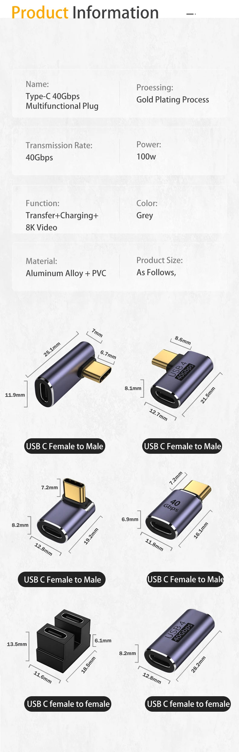 USB 4.0 PD 100W Adapter Type C Thunderbolt 3/4 40Gbps OTG Extension Cable Adapter Type C Male To Female Converter For PC Laptops