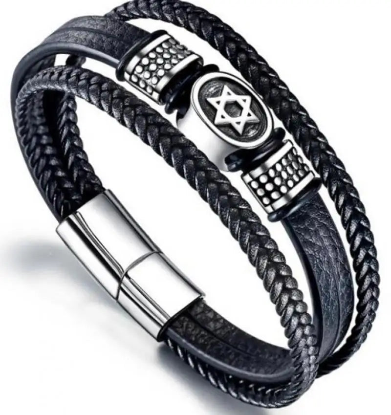 Fashion Star of David Multilayer Leather Braided Bracelet with Magnetic Clasp Men\\\\'s Vintage Judaica Amulet Jewelry
