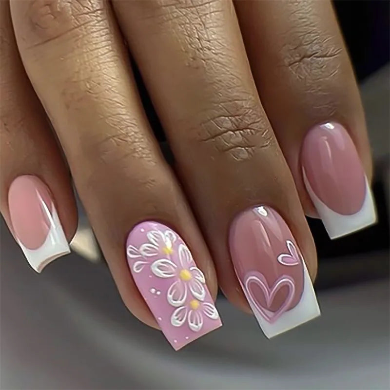 24pcs French Fake Nails Glitter Flower False Nails Short Square Press on Nails White Striped Nail Art for Colorful Spring Summer