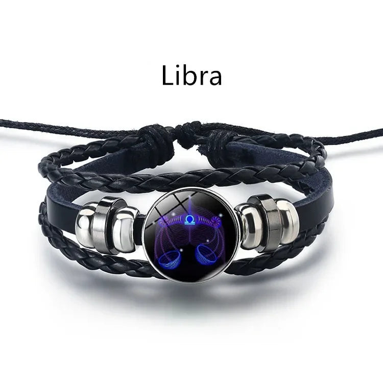 Gemini Leo Libra Scorpio Sagittarius 12 Constellation Luminous Bracelet Leather Bracelet Zodiac Charm Jewelry Bracelet for Men