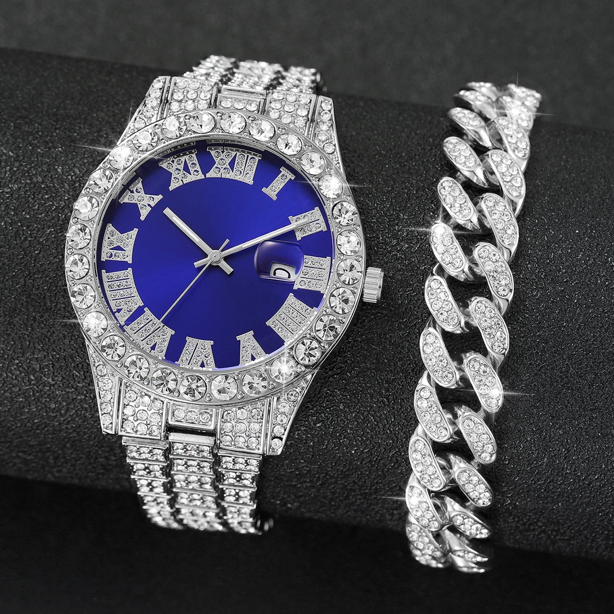 2PCS Luxury Rhinestone Men Watches Fashion Stainless Steel Band Male's Analog Quartz Watch Bracelet Set Relogios Masculino