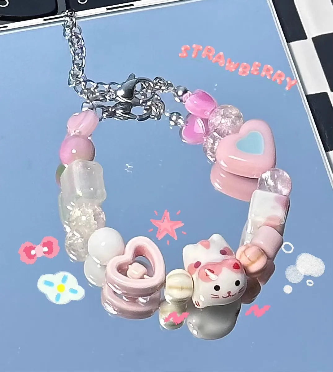 Women Summer Dopamine Sweet Cool Rhinestone Stars Bracelets Cute Cartoon Black Cat Heart Beads Bracelet Fashion Jewelry Gifts