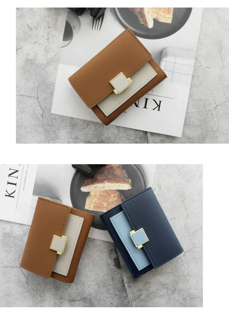 Patchwork Short Women's Wallet Fashion Square Clutch Money Credit Multiple Card Holders Metal Buckle Tri-Fold Ladies Coin Purse