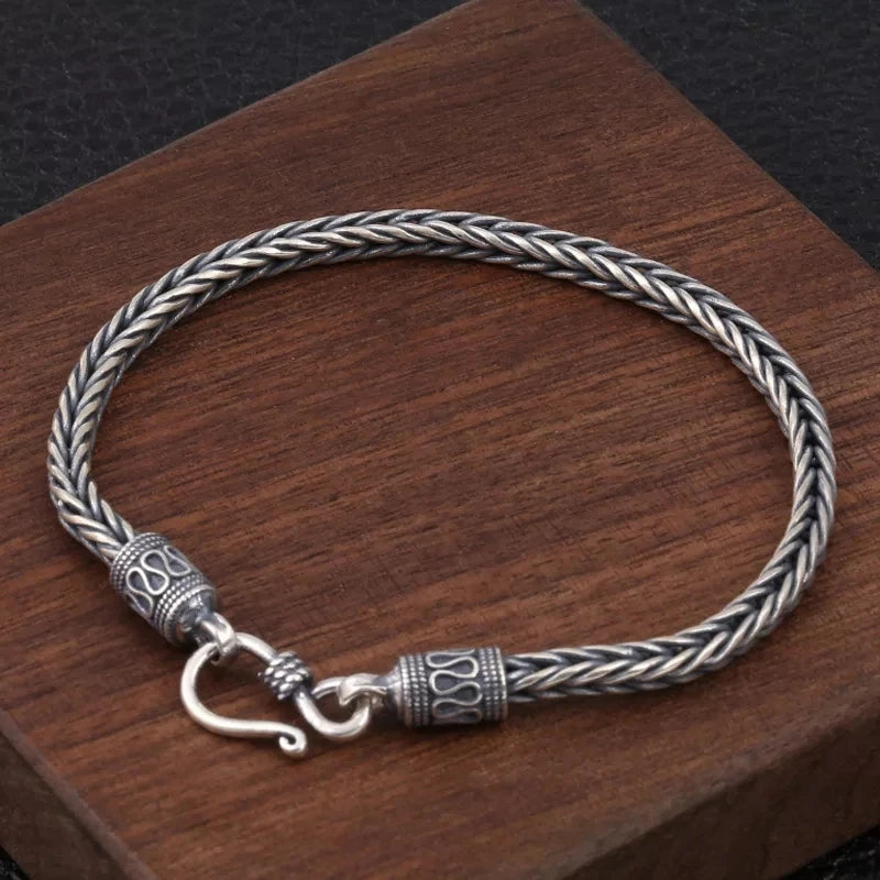 Vintage Twist Braided Square Cuff Bracelet Silver Plated Foxtail Chain Men's Bracelet Punk Casual Jewelry Gift